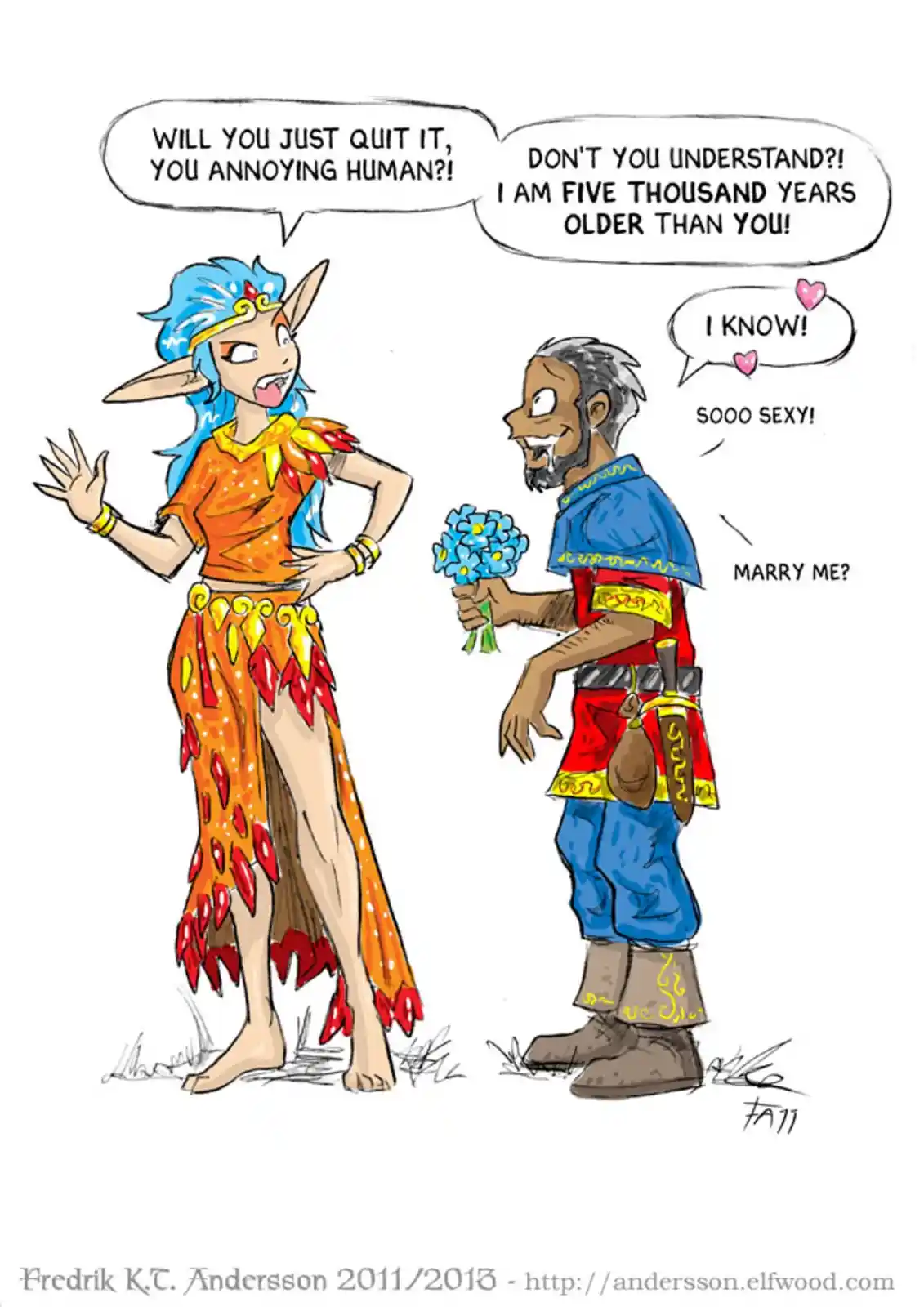 An elf woman in orange and red attire angrily shouts at a human man holding blue flowers. The man, with gray hair and beard…