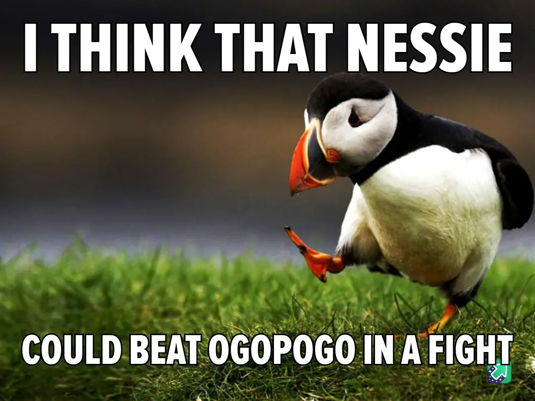 A puffin stands on green grass with a confident, slightly smug expression, looking down and to the side. The image has bold…