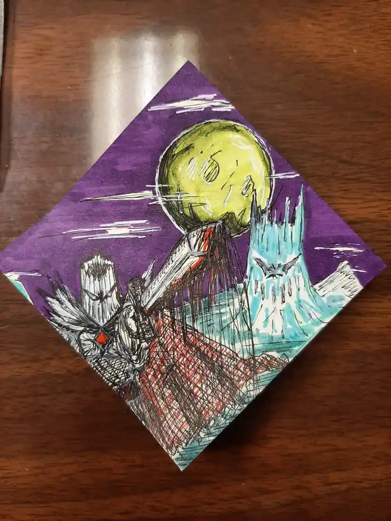 A hand-drawn, diamond-shaped artwork on paper depicts a fantasy scene with a large yellow moon, jagged mountains, and a…