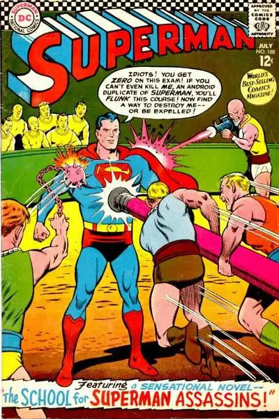 A vintage Superman comic book cover from July 1963 shows Superman, in his classic blue and red costume, being attacked by…