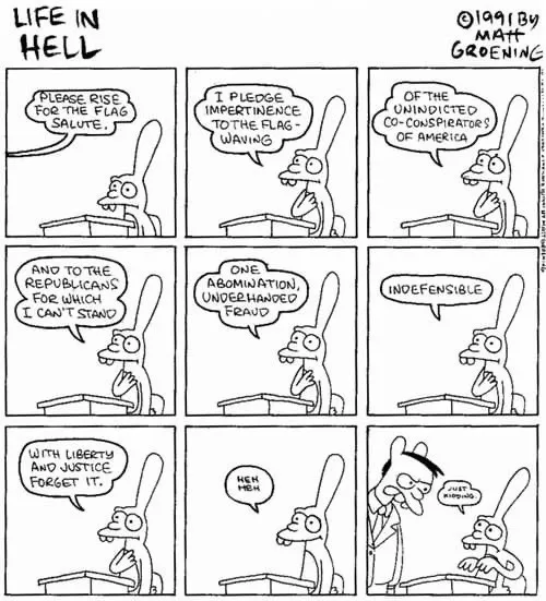 A nine-panel comic strip titled 'LIFE IN HELL' by Matt Groening, depicting a character delivering a satirical, politically…