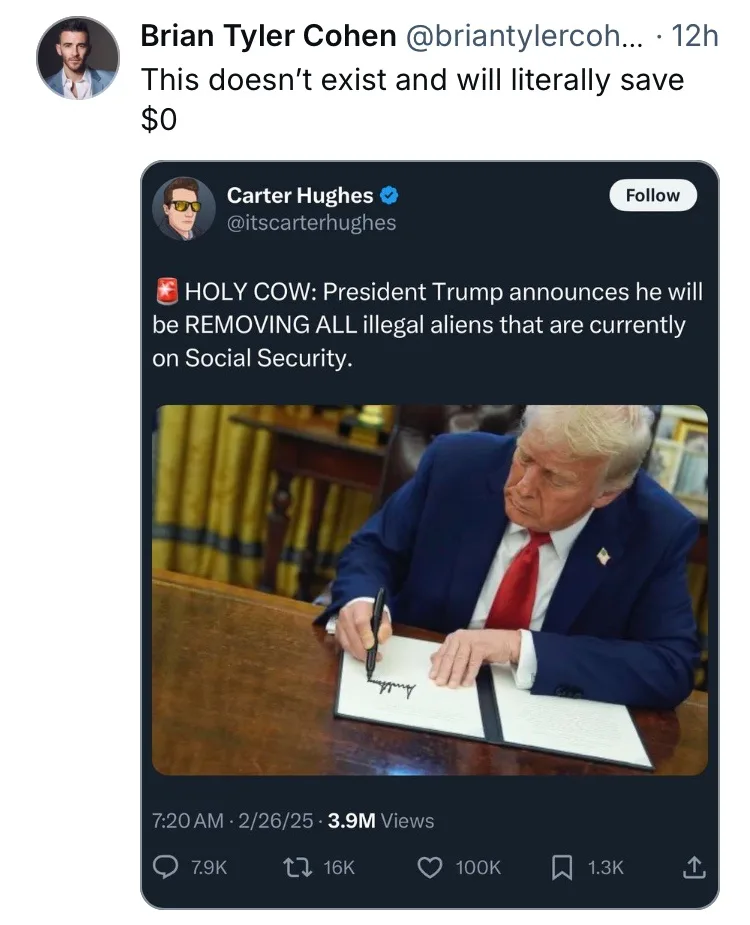 A screenshot of a tweet by Carter Hughes shows a photo of Donald Trump signing a document at a desk. The tweet text claims…