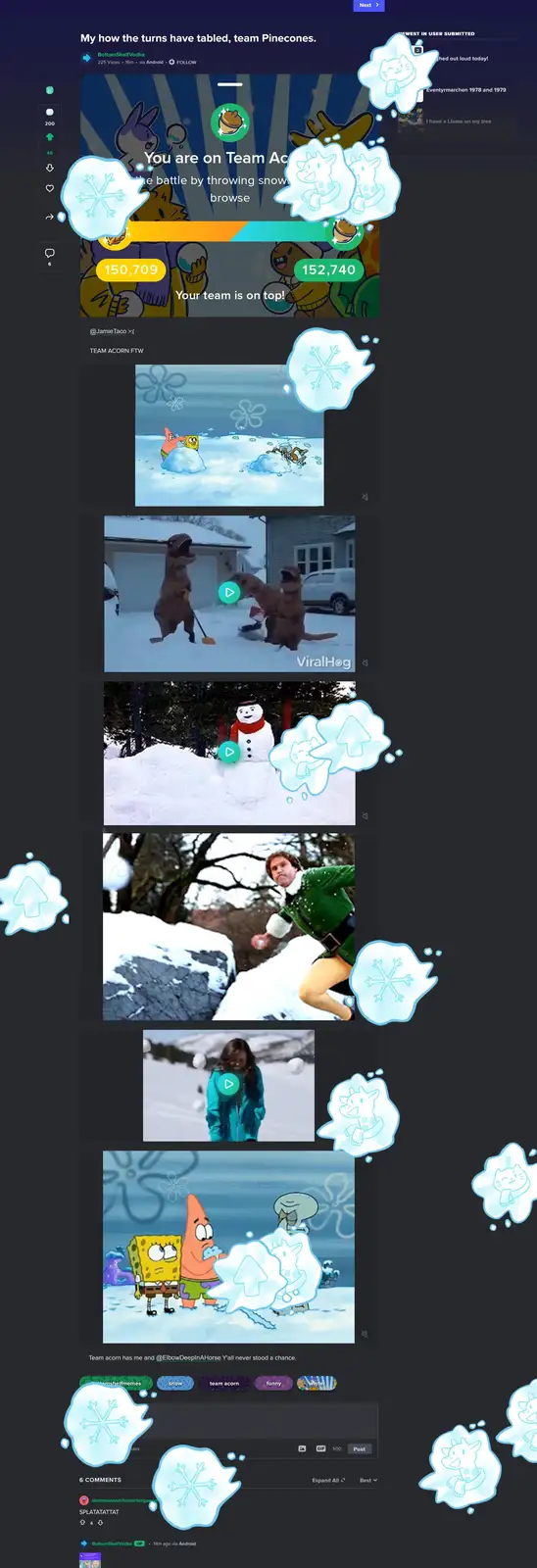 A screenshot of a Reddit post showing a user's victory in a snowball fight game, where their team 'Team Acorn' has 152,740…