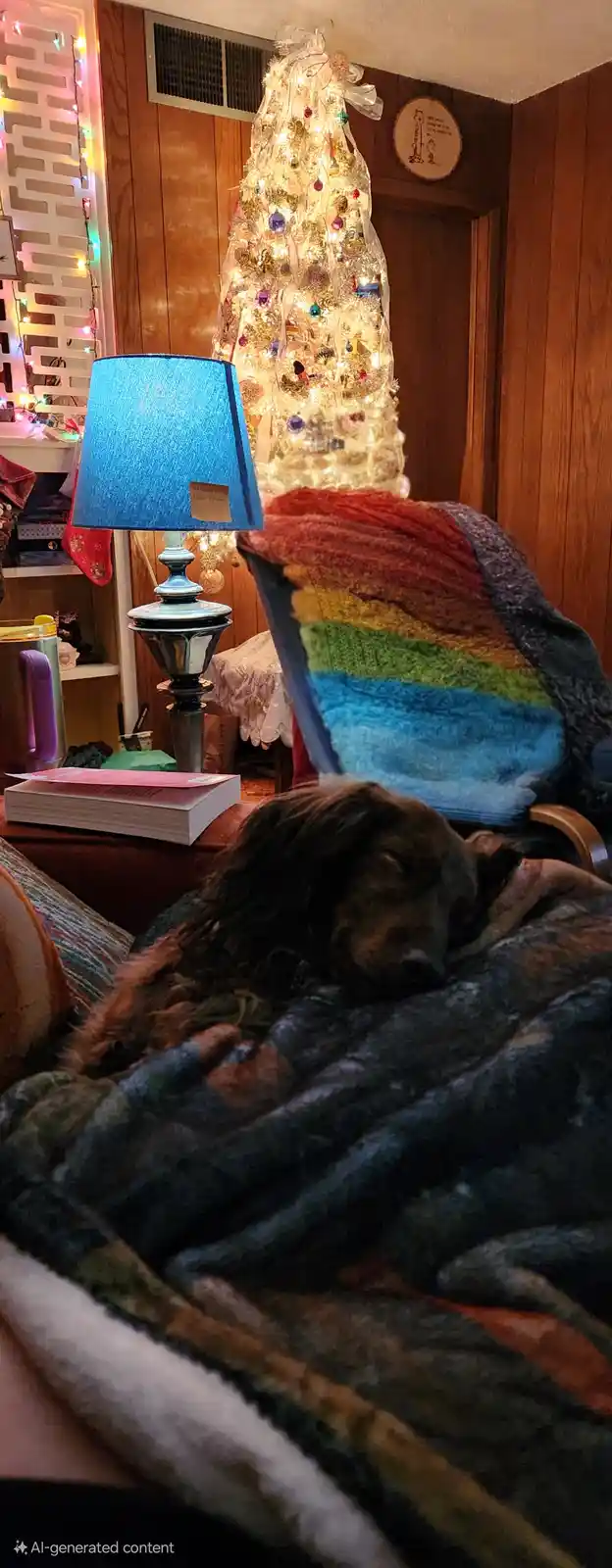 A brown dog is sleeping soundly under a dark patterned blanket in a cozy living room. Behind it, a brightly lit, decorated…