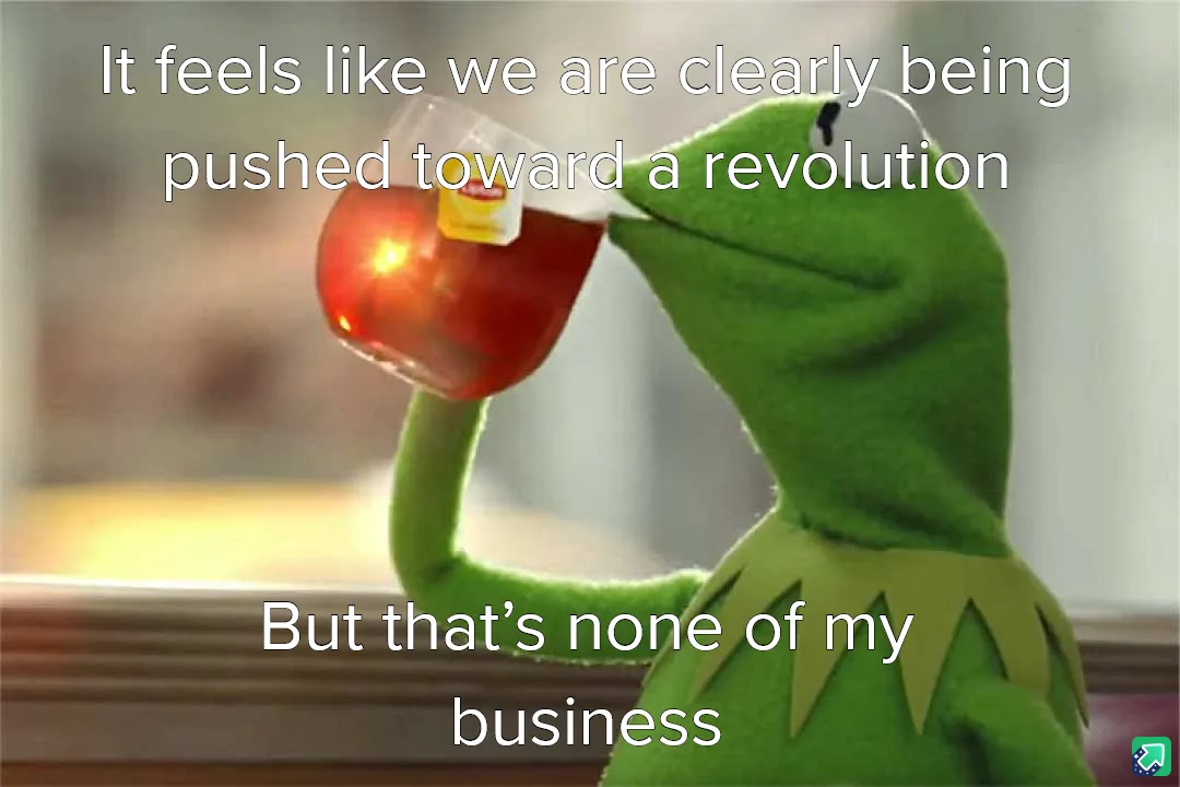 A green frog puppet, Kermit the Frog, is shown drinking from a glass of red tea with a tea bag tag visible. The image has…