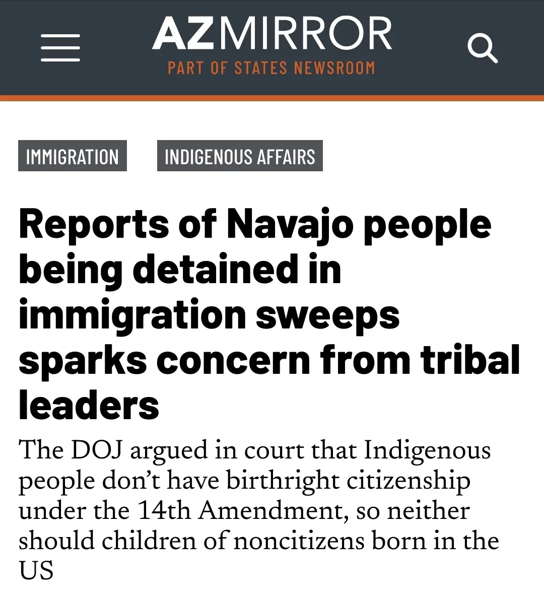 A screenshot of an AZMirror news article with the headline 'Reports of Navajo people being detained in immigration sweeps…