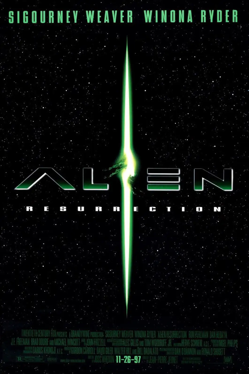 The image is a movie poster for 'Alien: Resurrection' featuring a glowing green alien weapon piercing through the title text…