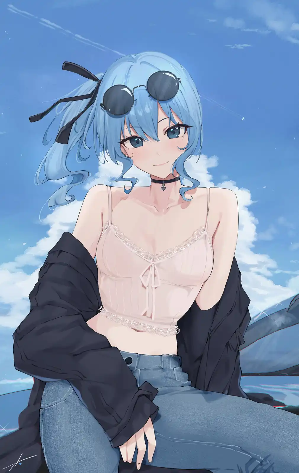 An anime-style illustration of a young woman with blue hair and sunglasses perched on her head, wearing a light pink lace…
