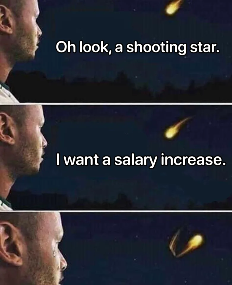 A three-panel meme featuring a man in profile looking up at the night sky. In the first panel, he observes a shooting star…