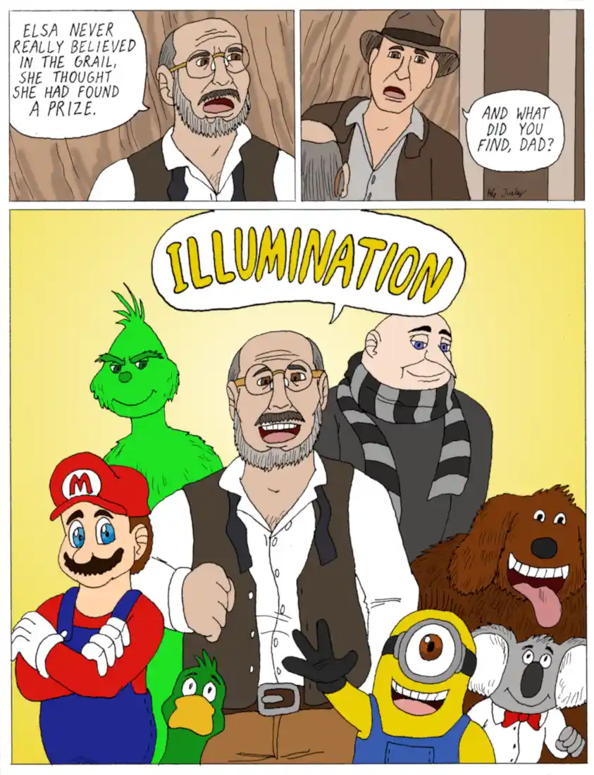 A comic strip parody shows a man in a vest and glasses, initially stating 'Elsa never really believed in the grail, she…