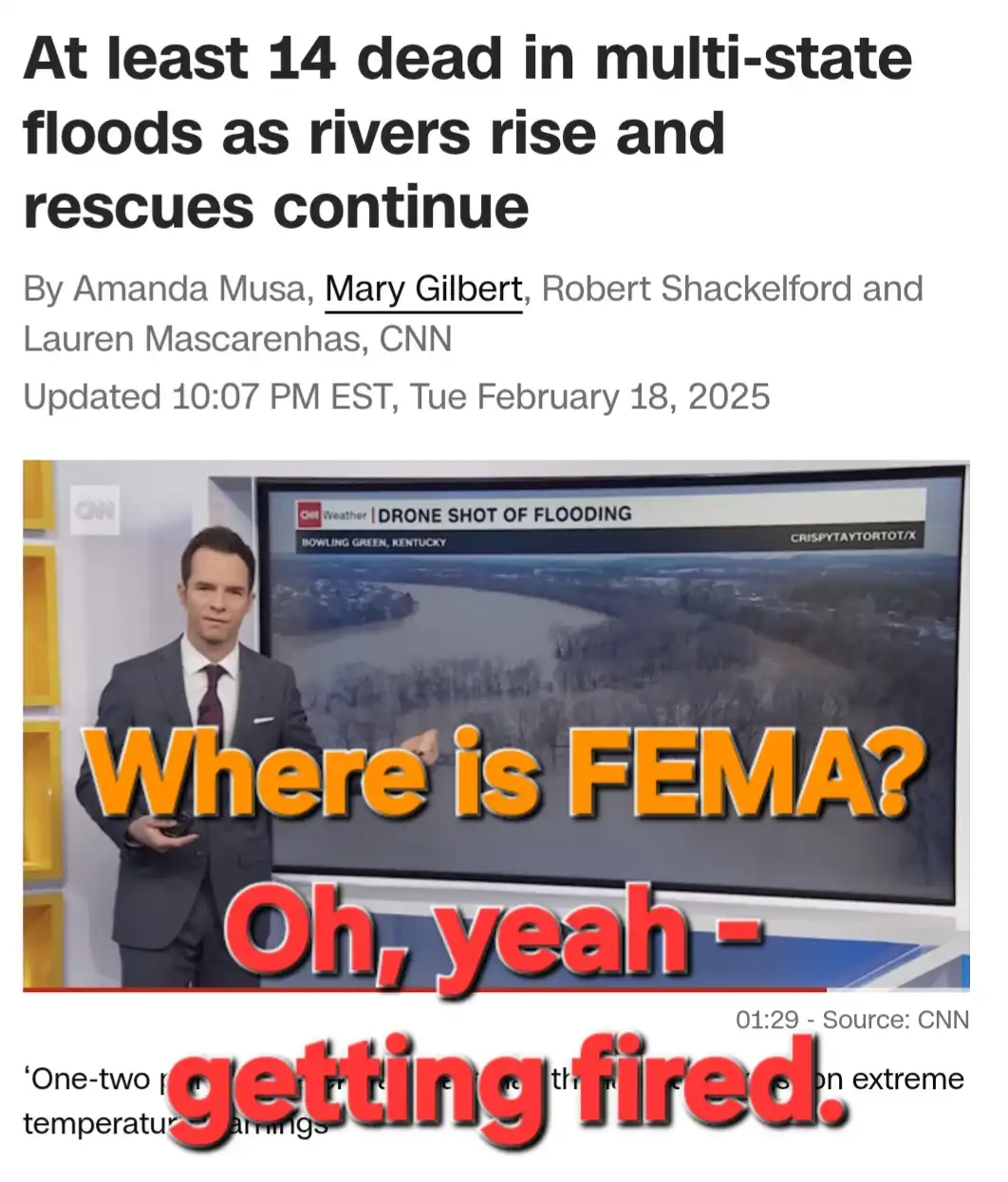 A screenshot of a CNN news article about multi-state floods shows a male news anchor standing in front of a screen…
