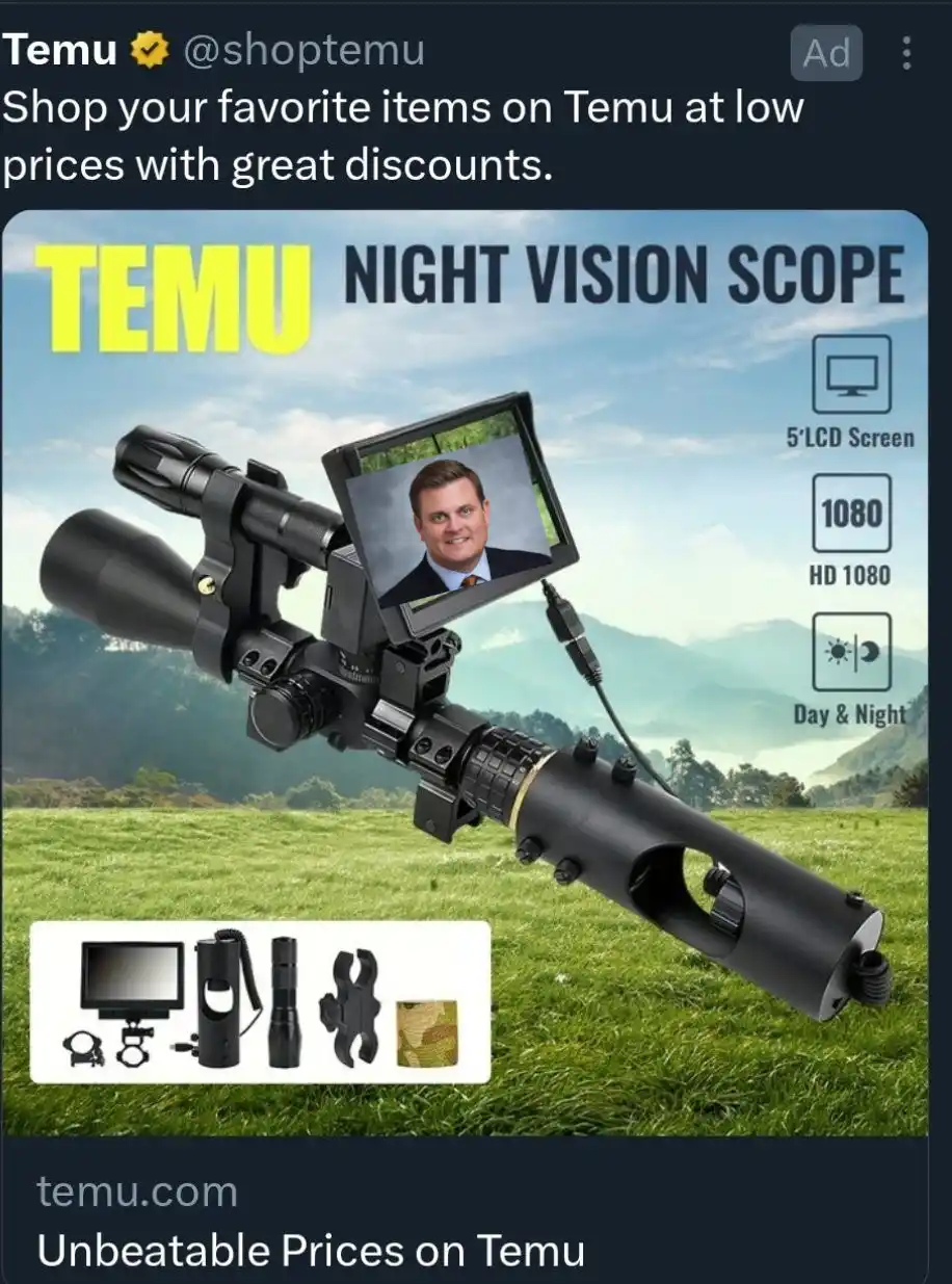 A meme image shows a Temu product advertisement for a 'Night Vision Scope' with a large black scope mounted on a grassy…