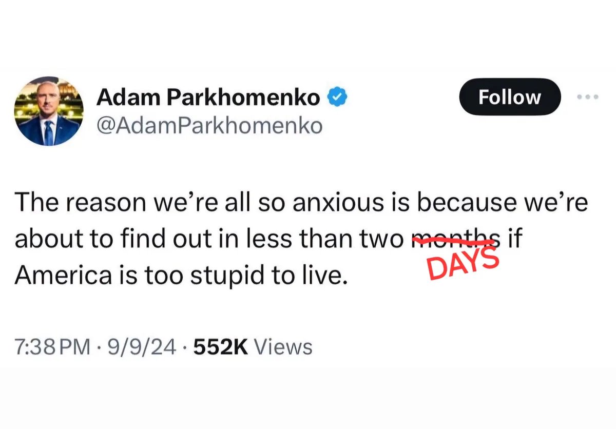 A screenshot of a tweet by Adam Parkhomenko, where the word 'months' is crossed out and replaced with 'DAYS' in red text…