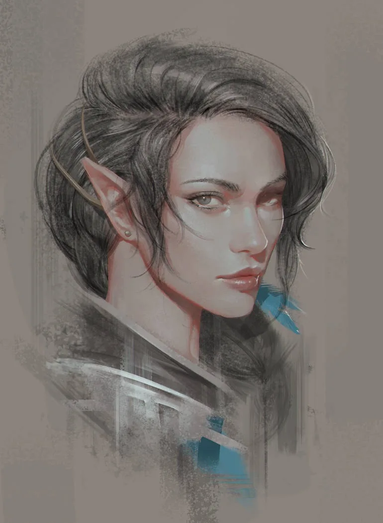 A digital portrait of an elf with dark hair, pointed ears, and a serious expression, wearing a dark jacket with a blue…