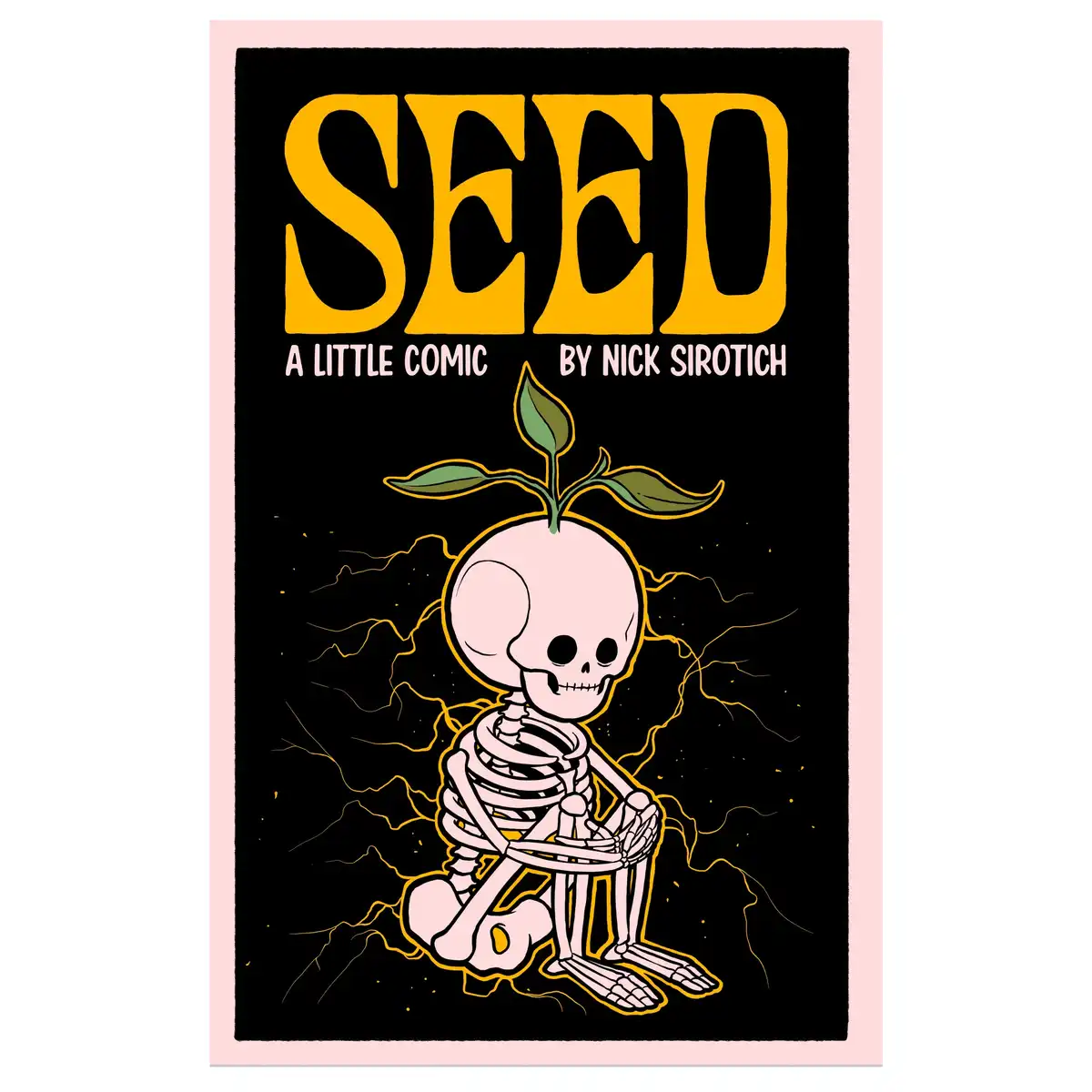 A comic book cover illustration shows a cartoon skeleton sitting cross-legged on cracked earth, with a small green sprout…