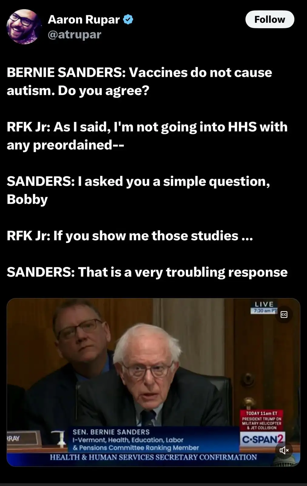 A screenshot of a C-SPAN2 broadcast shows Senator Bernie Sanders looking concerned during a Health & Human Services…