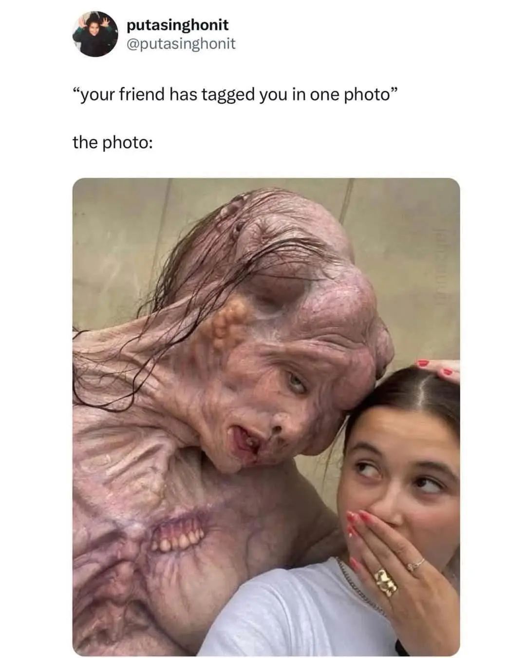 A photo shows a young woman with a shocked expression, covering her mouth with her hand, next to a grotesque, wrinkled…