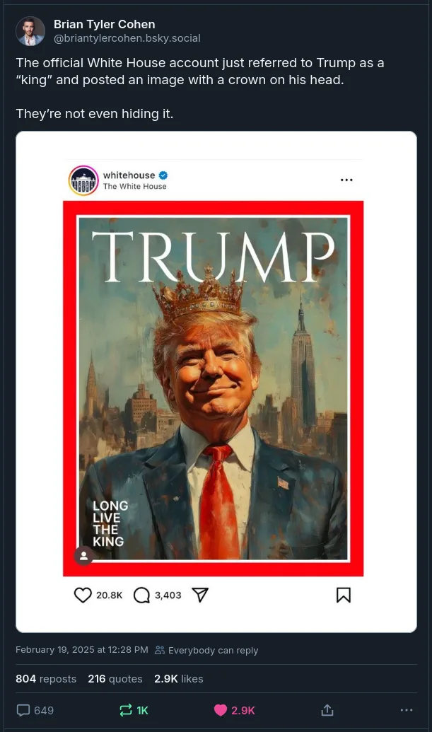 An image shows a stylized portrait of Donald Trump wearing a golden crown, set against a cityscape background with the…