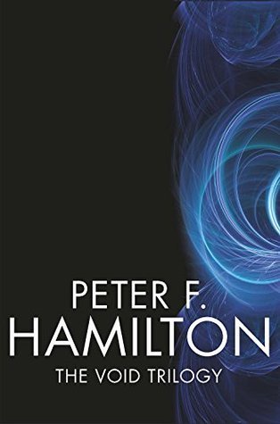 A book cover for 'The Void Trilogy' by Peter F. Hamilton, featuring a dark background with swirling blue energy on the right…