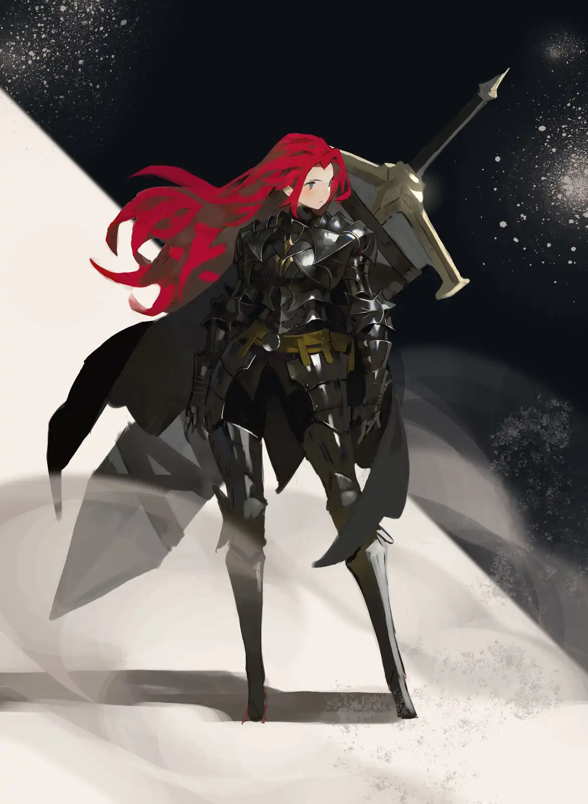 An anime-style illustration of a female warrior with long red hair, wearing dark, detailed armor and carrying a large sword…