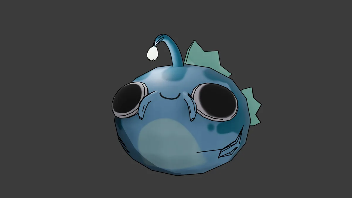 A cartoon blueberry with large black eyes, a small smile, and a single tear falling from its eye, set against a plain dark…