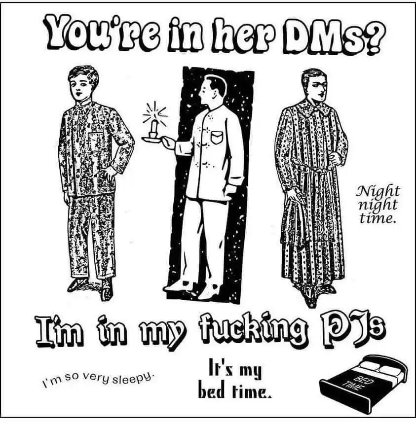 A black-and-white cartoon shows three men in pajamas. The man on the left says 'I'm so very sleepy.' The man in the middle…