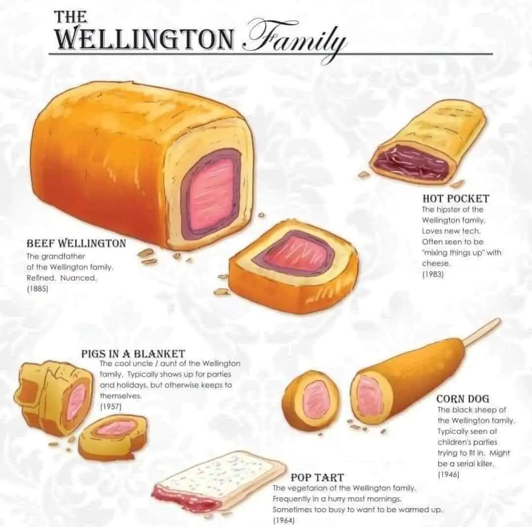 An illustrated infographic titled 'THE WELLINGTON Family' humorously categorizes various food items as members of a…