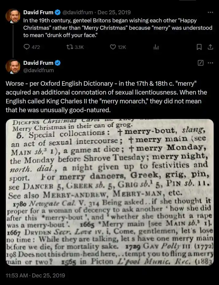 A screenshot of a tweet by David Frum from December 25, 2019, showing his claim that 'merry' in 'Merry Christmas' meant…
