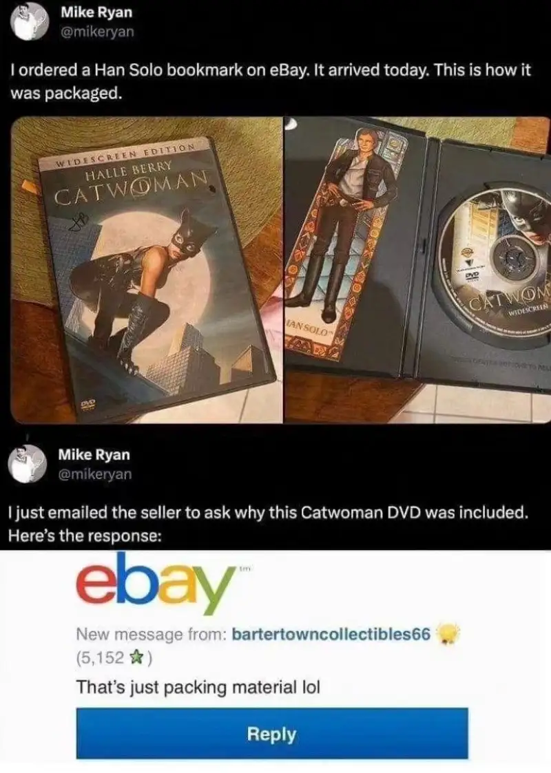 A meme showing a person's eBay purchase of a Han Solo bookmark, which arrived packaged inside a 'Widescreen Edition' Halle…