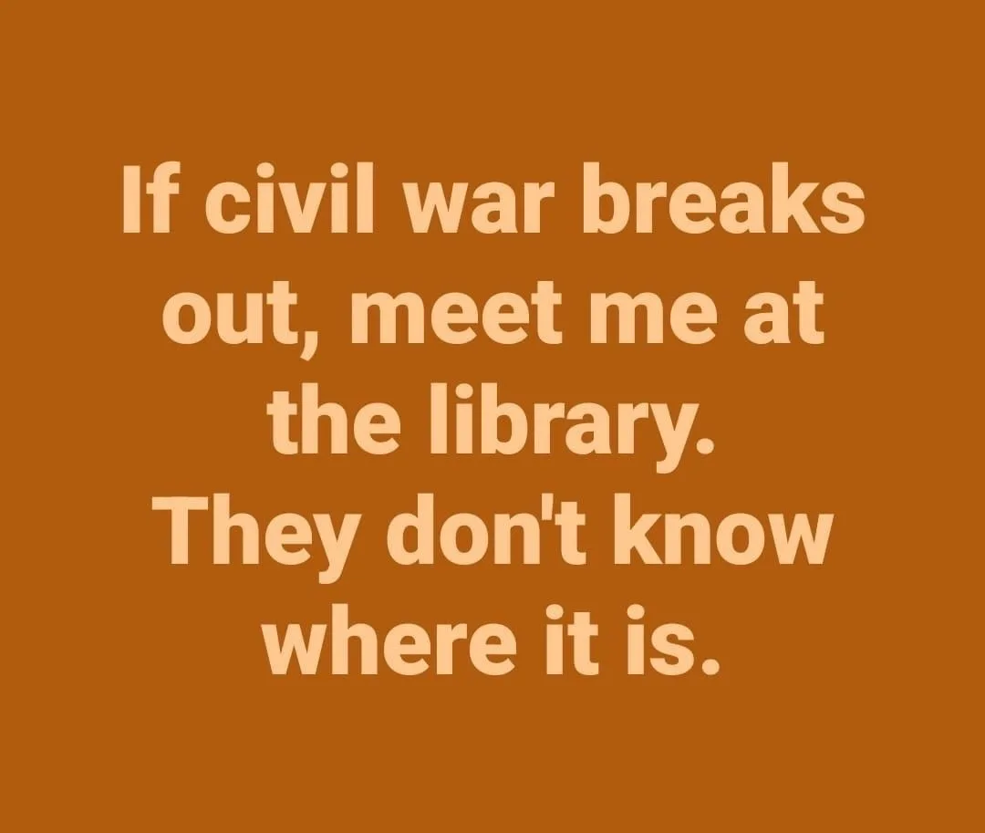 A solid brown background with light orange text that reads: 'If civil war breaks out, meet me at the library. They don't…