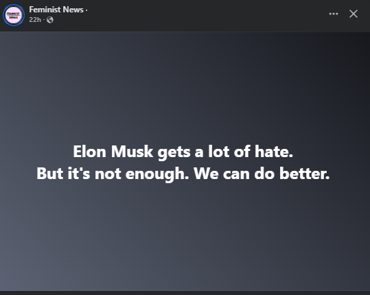 A screenshot of a social media post from 'Feminist News' with a dark gray background and white text. The text reads: 'Elon…