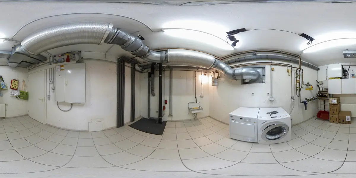 A 360-degree panoramic view of a utilitarian laundry room with tiled floors, exposed ductwork and pipes on the ceiling and…