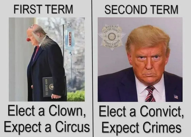 The image is split into two panels. Left: A man in a suit with a red clown nose and long hair, standing next to an IV drip…