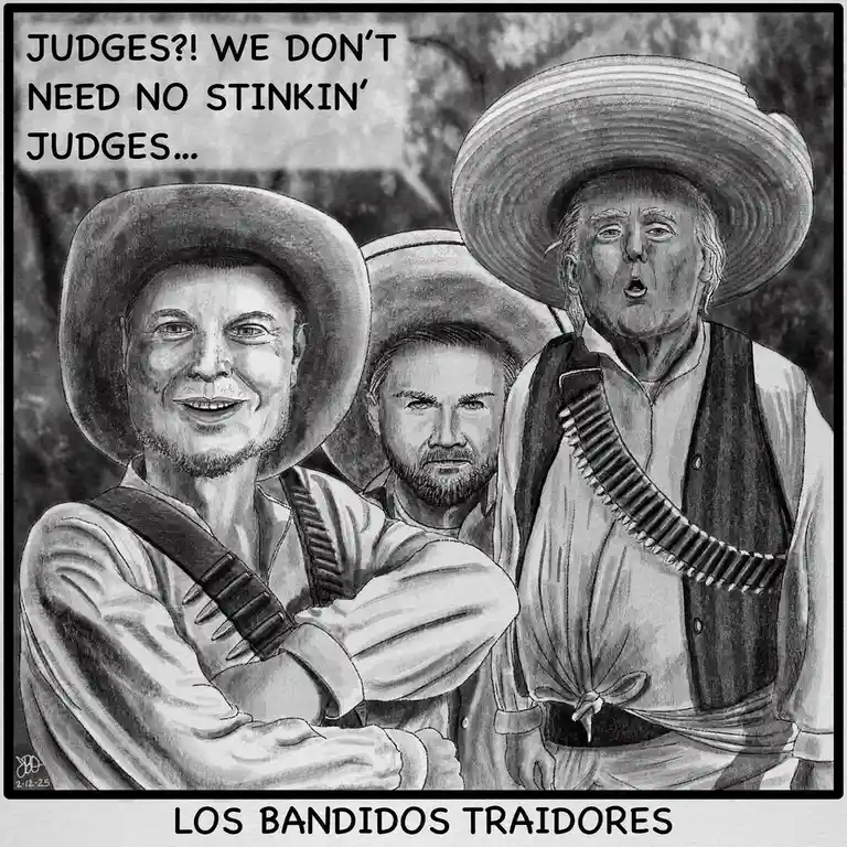A black-and-white drawing shows three men in cowboy attire, including a sombrero, with ammunition belts. The man on the left…