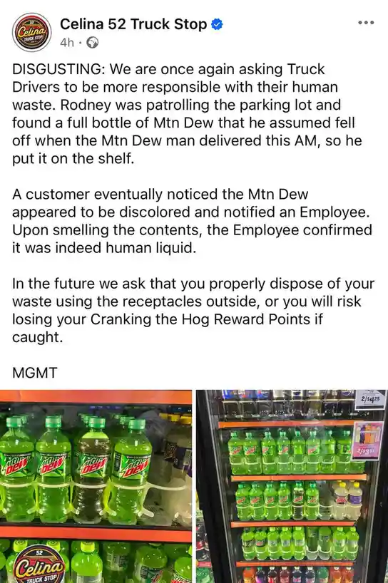 A social media post from 'Celina 52 Truck Stop' shows two photos of a refrigerated display case filled with green Mountain…