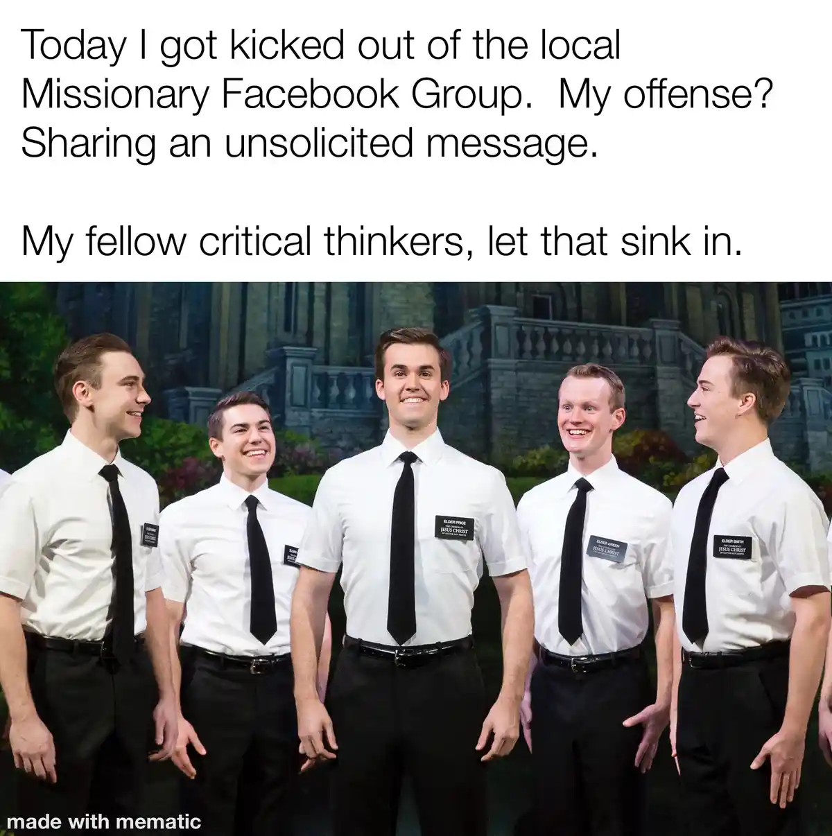Five young men in white shirts, black ties, and name tags stand smiling in a group photo. The overlaid text reads: 'Today I…