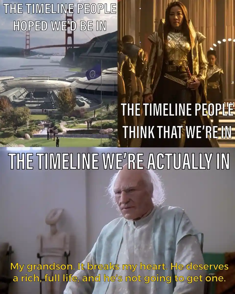 The meme is a three-panel image. The top left shows a futuristic San Francisco with the Golden Gate Bridge, labeled 'THE…