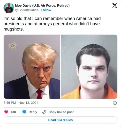 The image displays a side-by-side comparison of two mugshot-style photos: on the left, Donald Trump in a suit and tie with a…