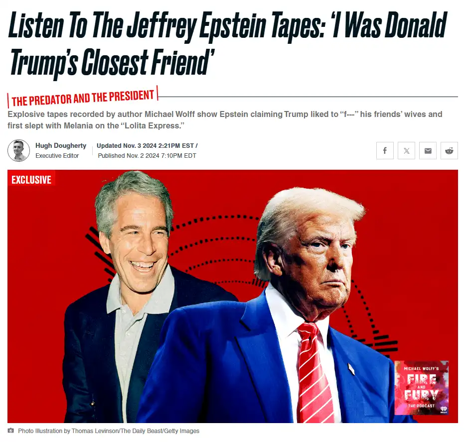 A news article screenshot with a red background shows two men: Jeffrey Epstein smiling on the left and Donald Trump looking…