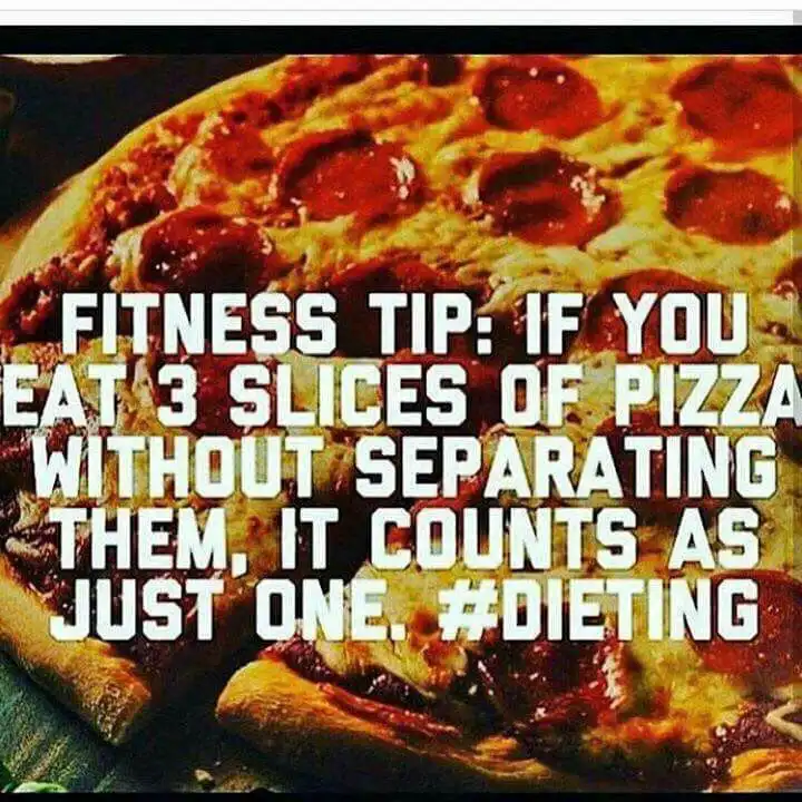 A close-up photo of a pepperoni pizza with bold white text overlaid. The text reads: 'FITNESS TIP: IF YOU EAT 3 SLICES OF…