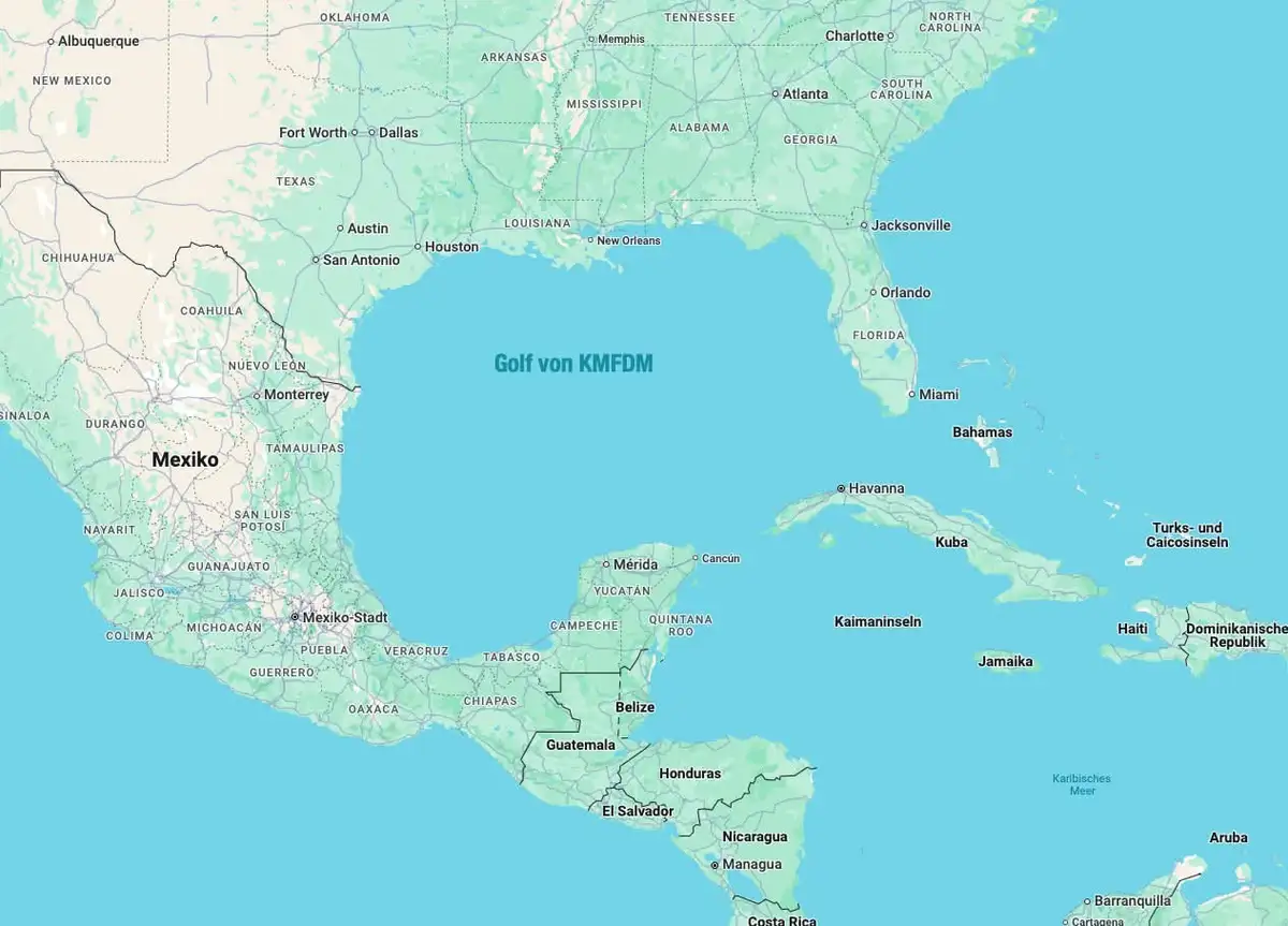 A map of North America and the Caribbean with German labels, humorously renaming the Gulf of Mexico as 'Golf von KMFD' (Gulf…