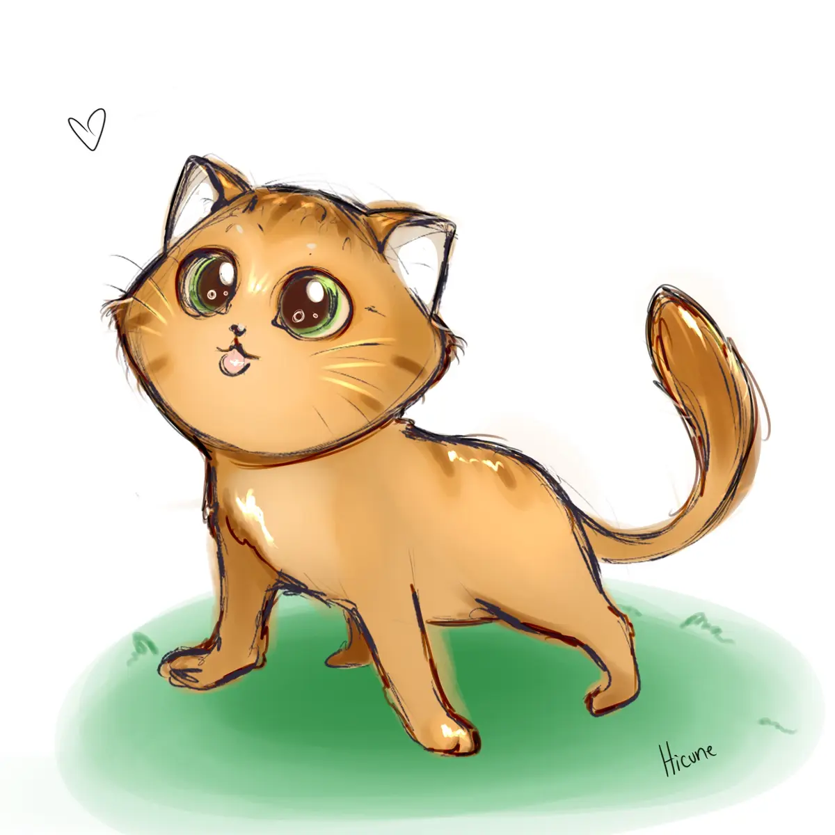 A cute, cartoon-style ginger cat with large green eyes and a surprised expression stands on a patch of green grass. A small…