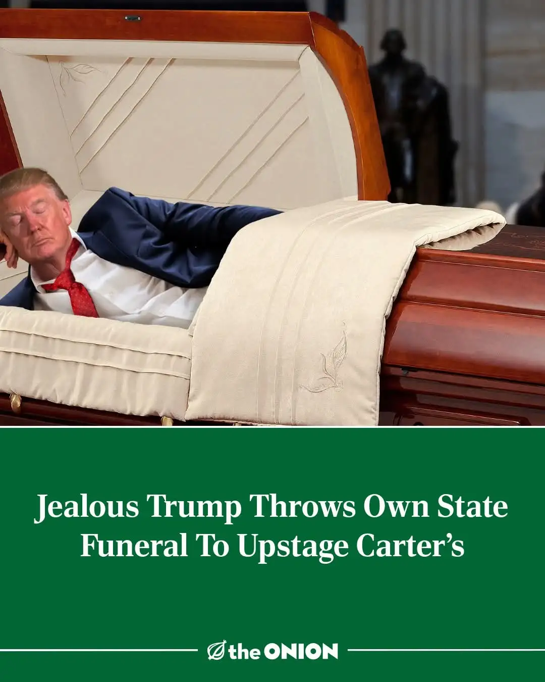 A man resembling Donald Trump lies in a polished wooden casket with a cream-colored interior and blanket, eyes closed as if…