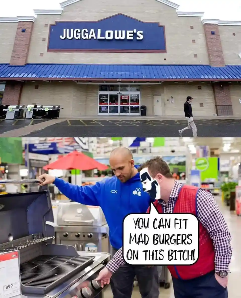 The image is split: top shows the exterior of a Juggalo's store with a person walking away, bottom shows two men inside a…