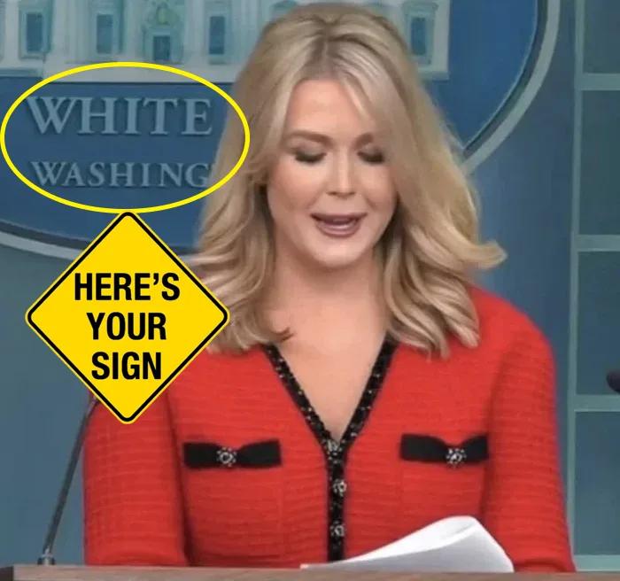 A woman in a red jacket stands at a podium with a blue background featuring the partially obscured text 'WHITE WASHINGTON'…