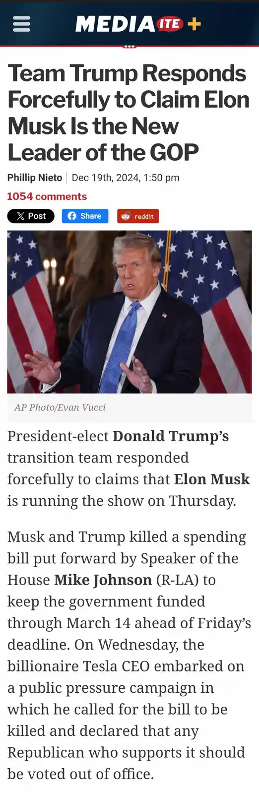 A screenshot of a Mediaite news article from December 19, 2024, featuring a photo of Donald Trump gesturing while standing…
