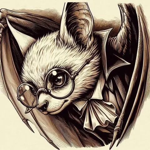 A sepia-toned, detailed illustration of a bat with large round glasses and a ruffled collar, looking directly at the viewer…