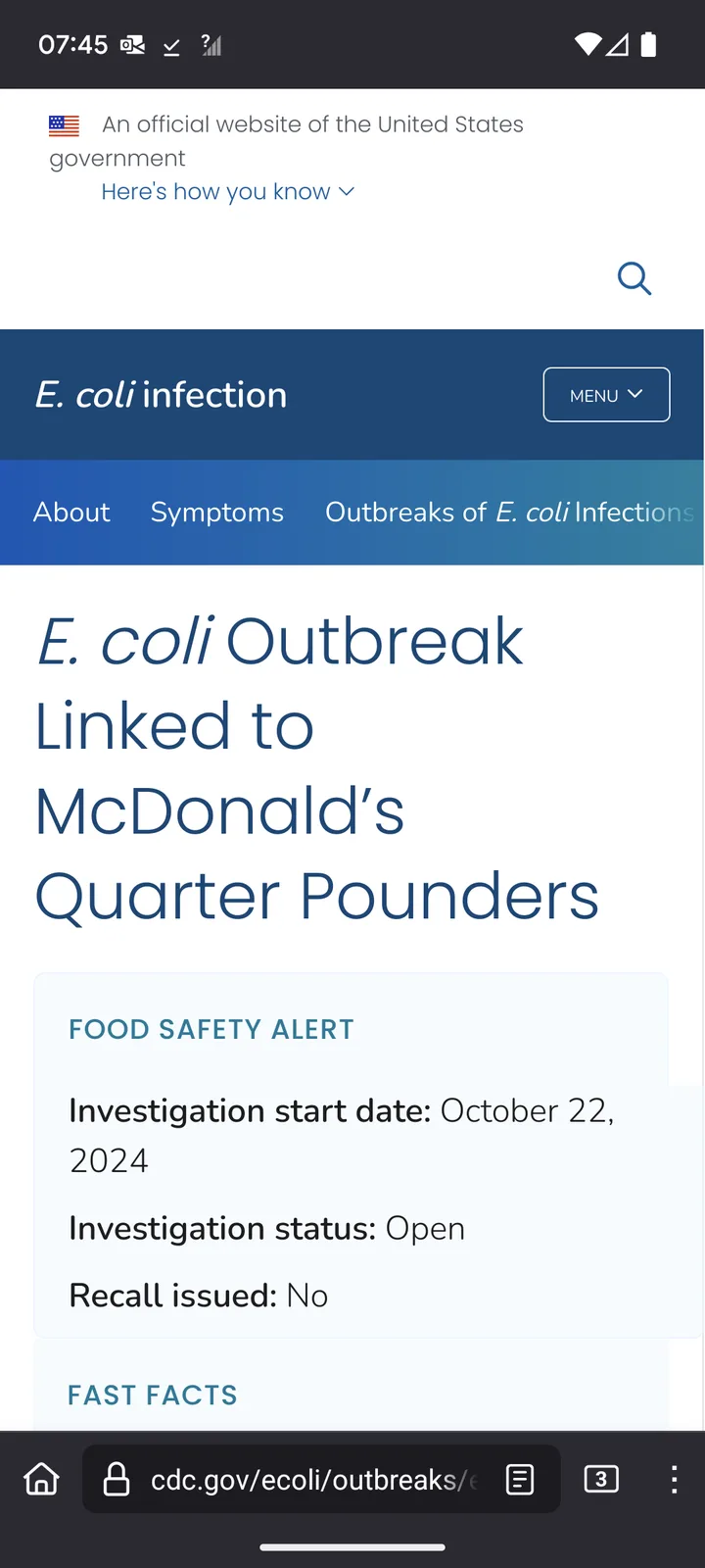A screenshot of a government website, styled to look like the CDC, shows a 'Food Safety Alert' about an E. coli outbreak…