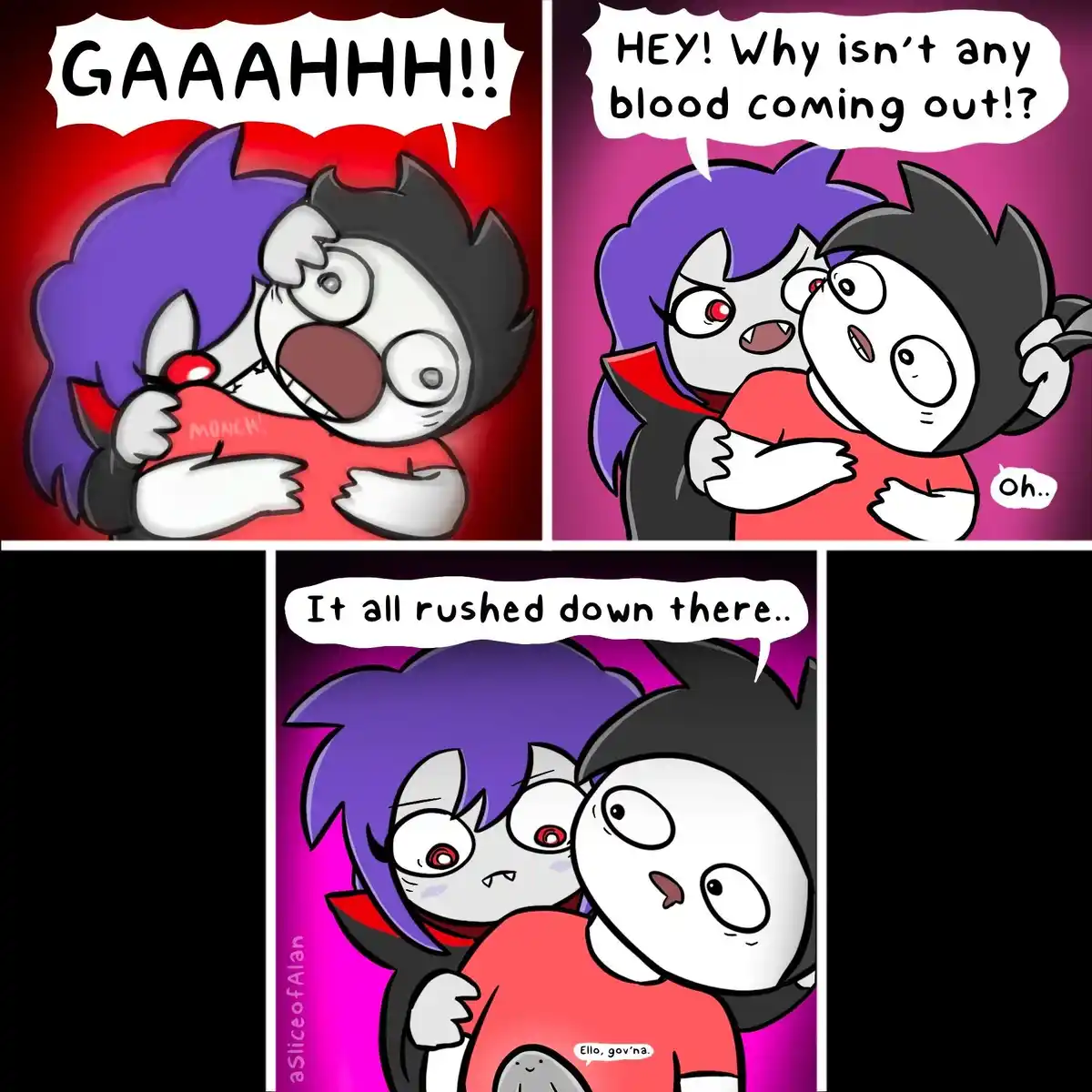 A three-panel comic shows two cartoon vampire characters. In the first panel, the vampire with purple hair screams while…