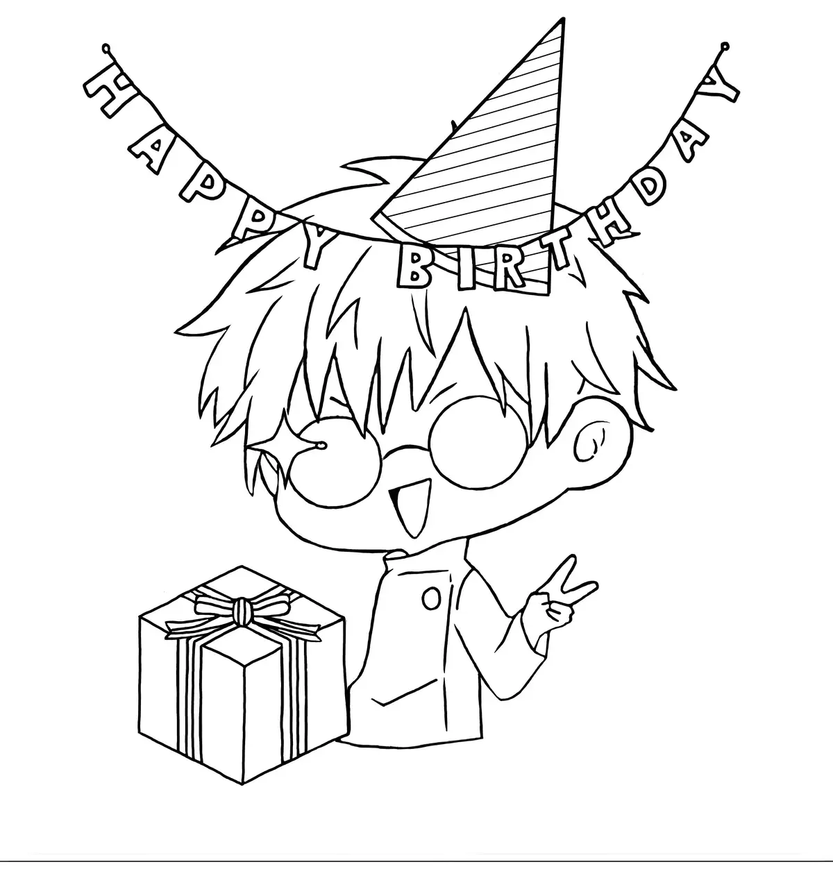 A black-and-white line drawing of a chibi-style anime character with spiky hair and glasses, wearing a party hat and…